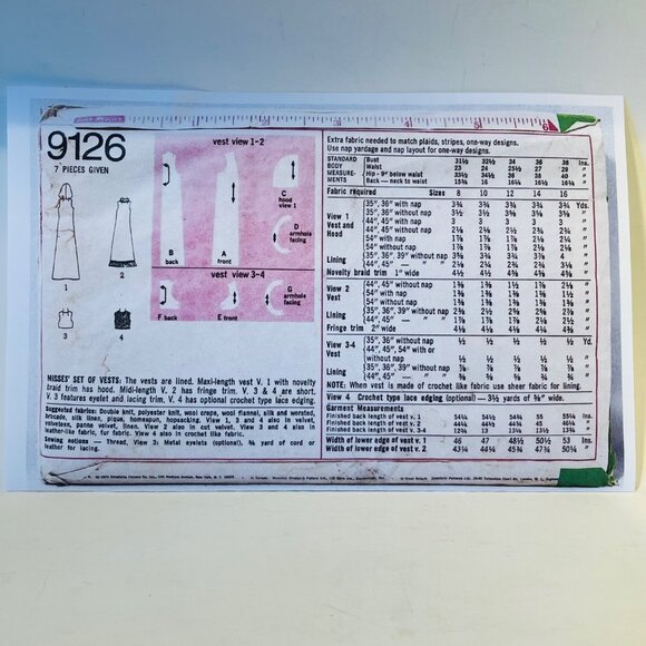 1970s Set of Vests with Hood Sewing Pattern Simplicity 9126 NO ENVELOPE Size 12 - Picture 5 of 7